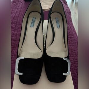 Prada Black Suede Shoes w Silver Buckle